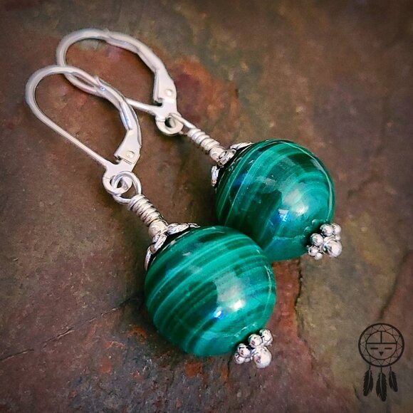 Natural Malachite Dangle Earrings 925 Sterling Silver Gemstone Jewelry - Picture 8 of 14
